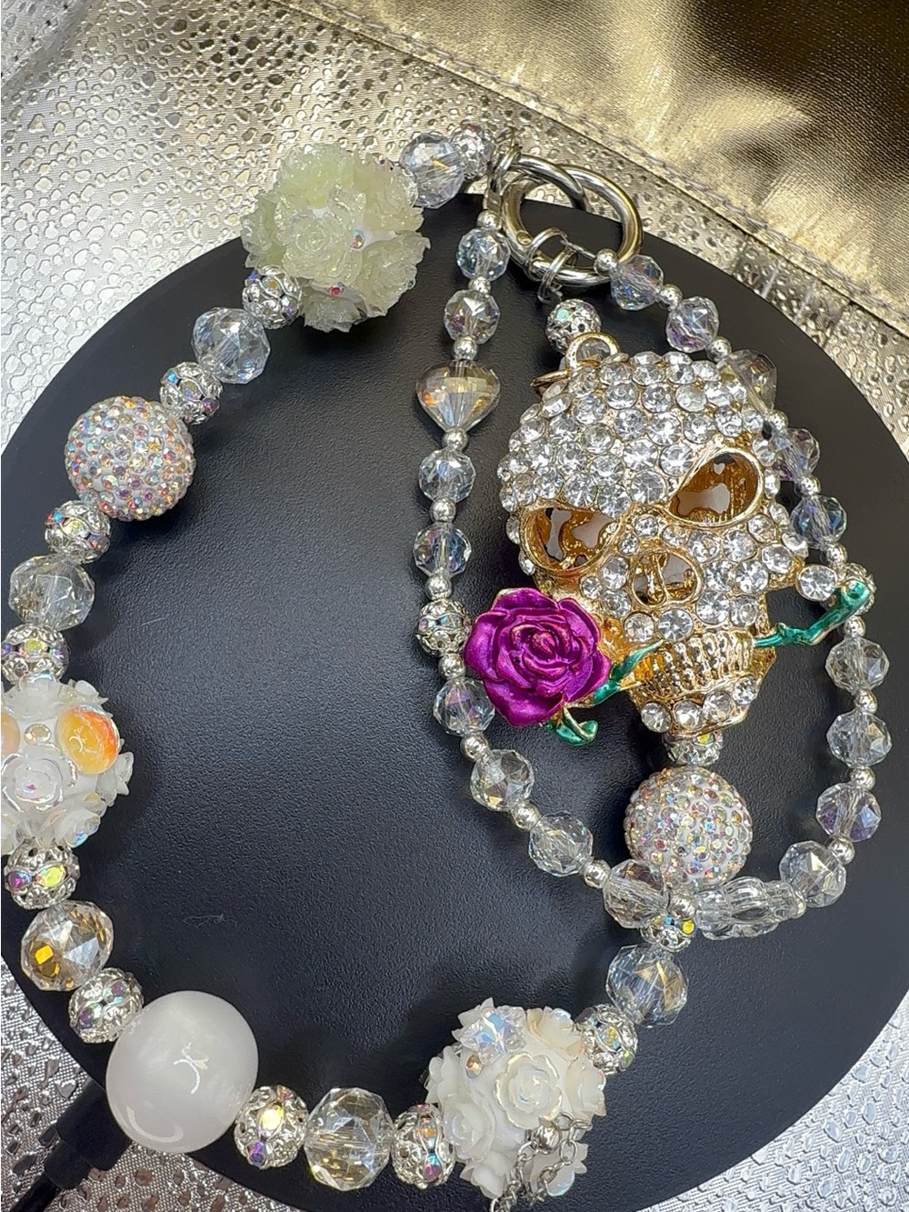 Crystal Skull Charm Bag chain - White Crystal and Purple Rose